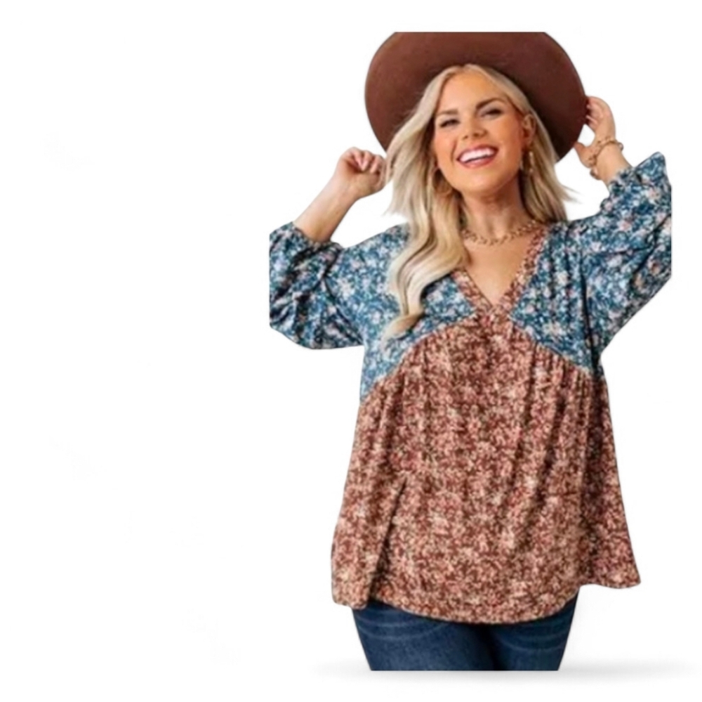 LIME N CHILI Boho Mixed Print Velvet Trimmed Top - Large